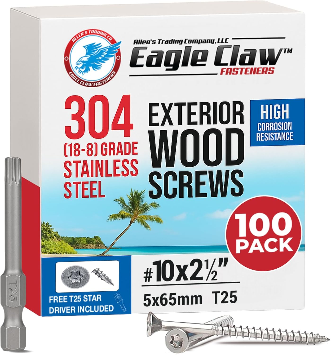 #10 x 3 Inch Stainless Steel Deck Screws 350 Pieces | T25 Star Torx Drive Flat Head | 304 Grade Stainless Steel Wood Screws High Corrosion Resistance by Allen's Trading Co. Eagle Claw Fasteners