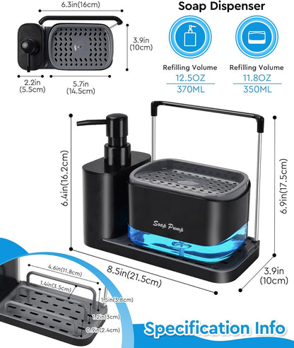 Hand and Dish Soap Dispenser Set with Tray – Dual Pump Soap Dispenser, Sponge & Dishcloth Holder, 5-in-1 Kitchen Sink Organizer, BPA-Free, Countertop Storage, Black