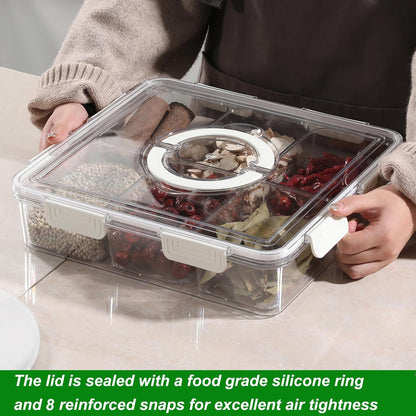 Taiuloo Divided Serving Tray with Lid & Handle, Airtight 4 Compartment Snackle Box Charcuterie Container, Fridge Organizer Bins, Food Storage Container Veggie Tray for Snack, Fruit, Salad, Nut