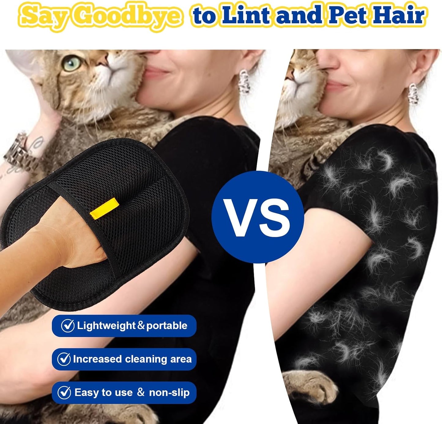 2 Pack Pet Hair Removal Gloves,Double Sided Cat Grooming Glove,Static Removal Gloves for Dogs & Cats,Reusable Deshedding Pet Glove for Furniture,Bed,Carpet,Clothes,Sofa