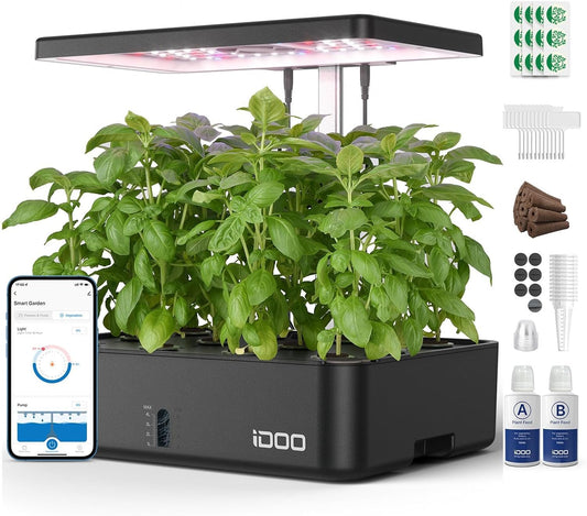 iDOO Hydroponics Growing System Kit 12Pods, Christmas Gifts for Women Men, Herb Garden Indoor with LED Grow Light for Home, Built-in Fan, Auto-Timer, Adjustable Height Up to 11.3", 12Pods WiFi-Black