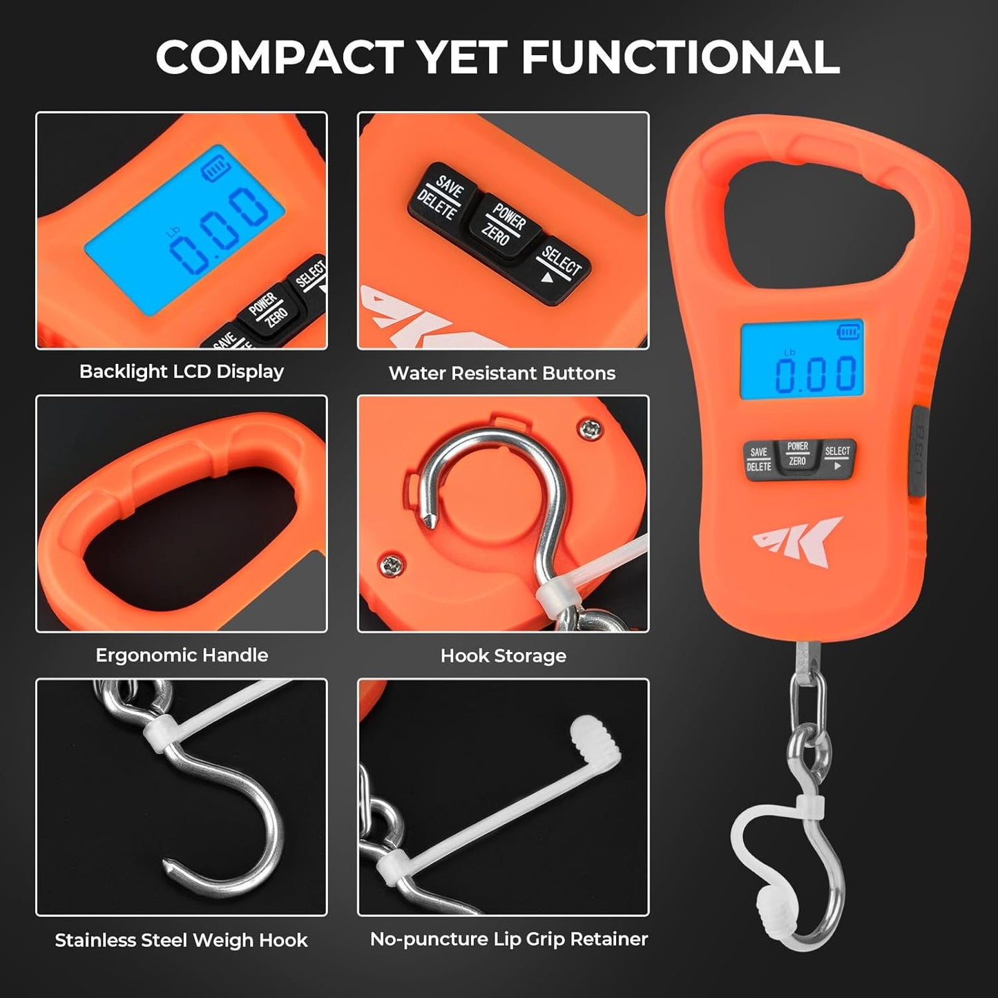 KastKing Fish Scale, LCD Display USB Charging Fishing Scale, Fishing Gifts for Men, Orange