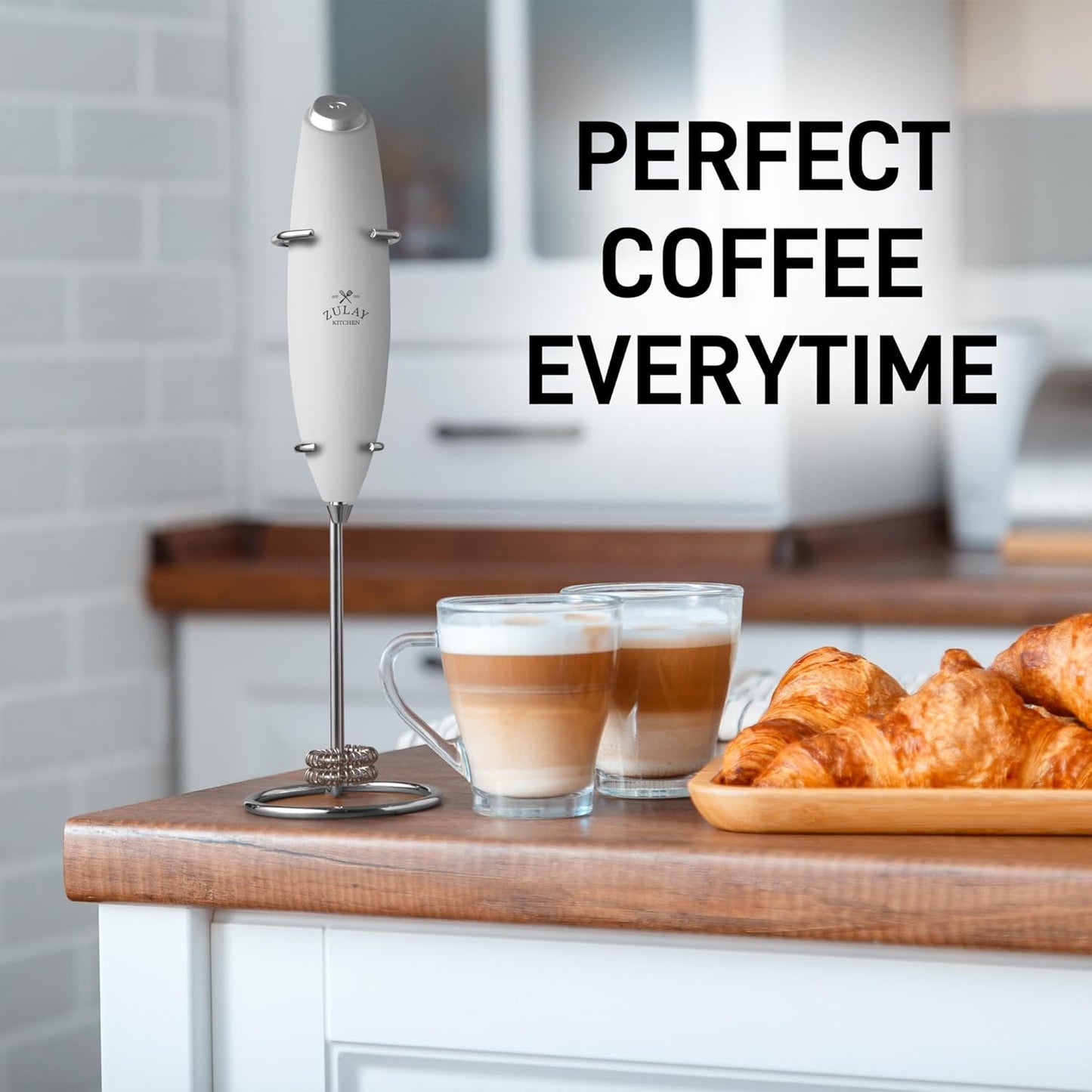 Zulay Kitchen Powerful Double Whisk Milk Frother Handheld - Foam Maker with Stand - Whisk Drink Mixer for Coffee, Mini Foamer for Latte, Matcha, Frappe, Hot Chocolate & Cappuccino (Black)