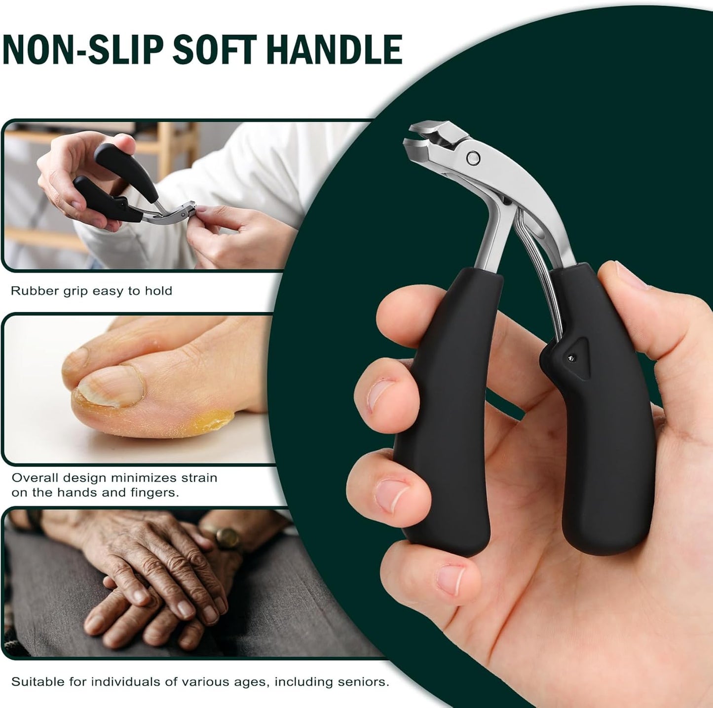 FVION Toenail Clippers for Ingrown Toenail Prevention, Straight Blade Podiatrist Nail Clippers for Thick Nails, Ergonomic Finger Nail Clippers for Adults, Seniors, Men and Women (Black)