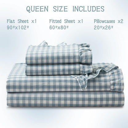 KKJIAF 3 Pieces Plaid Ruffle Twin Bed Sheets, Gingham Twin Sheet Set Comfy Breathable Ruffed Bed Sheet Set with 16 Inch Deep Pocket, Dusty Blue