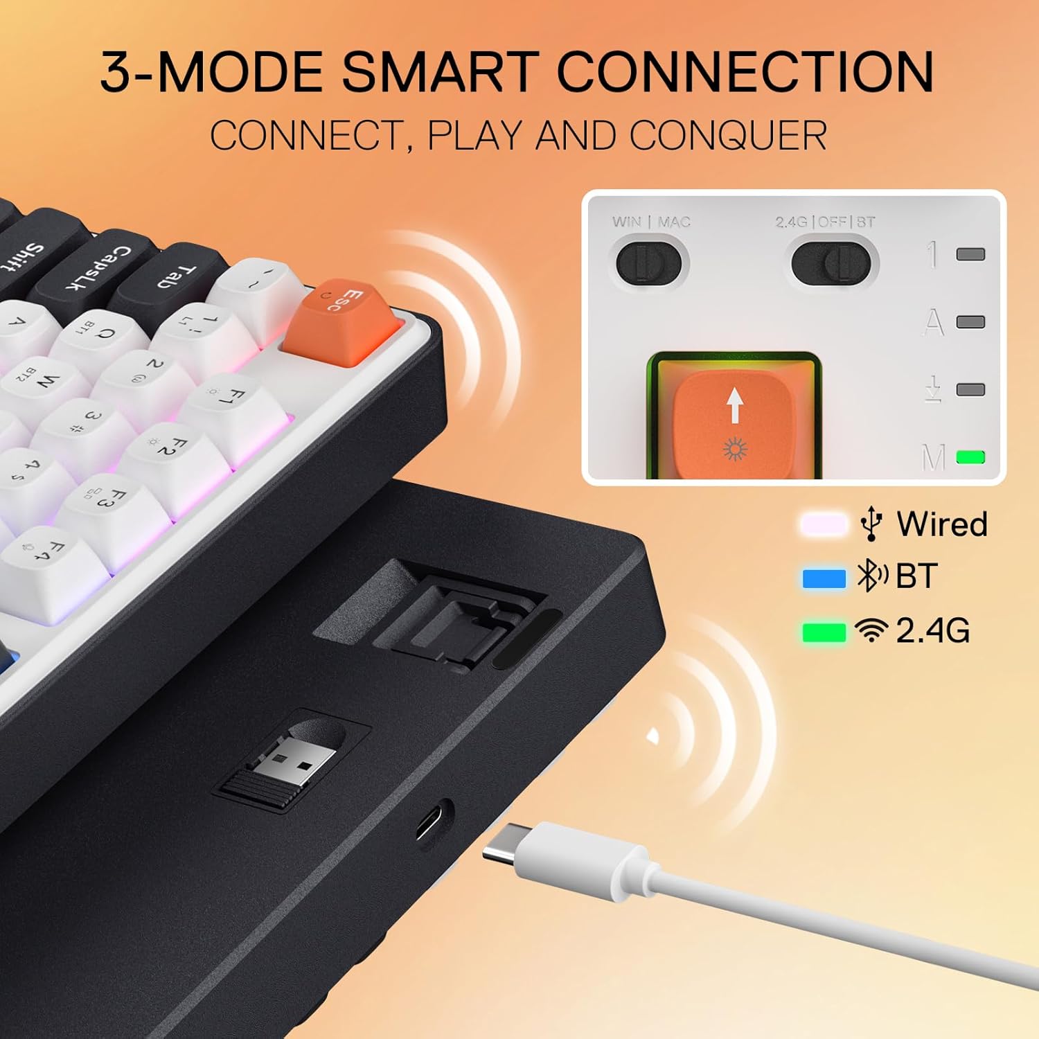 Wireless RGB Mechanical Gaming Keyboard with Gasket Mount, Hot-Swappable Custom Linear Switches, 104 Keys + 4 Hotkeys, Noise Dampened, Ergonomic Design, USB-C/Bluetooth/2.4G Wireless – Black Tangerine - PuriLite