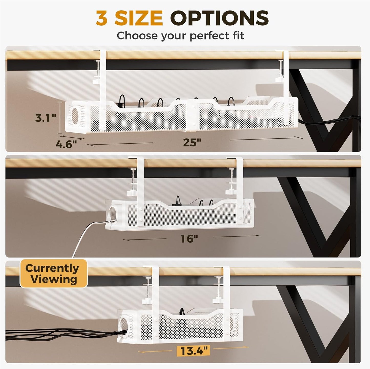 Under Desk Cable Management Tray White, Cinati Cable Management Under Desk No Drill, Cable Tray with Clamp for Desk Wire Management,Desk Cable Management Box for Office, Home - No Damage to Desk