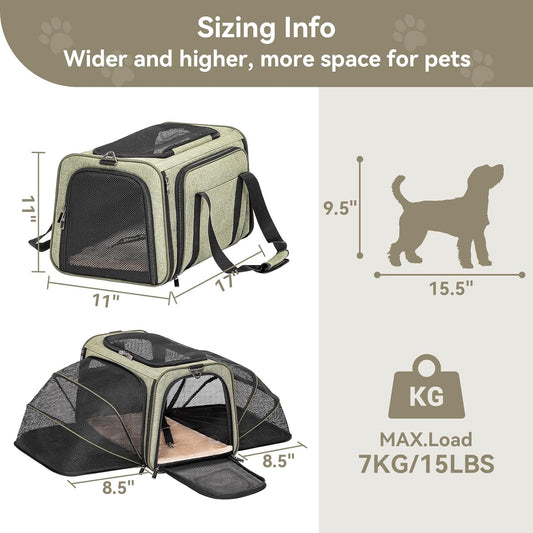 Petsfit Expandable Cat Dog Carrier Airline Approved, 17" L x 11" W x 11" H Soft-Sided Portable Pet Travel Carrier for Kitten, Puppy, Removable Soft Plush Mat and Pockets, Auto-Locking Zippers - PuriLite