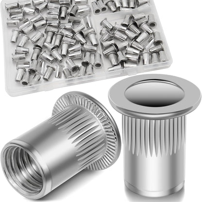 Vifmy Metric & SAE Rivet Nut Assortment Kit(420 Pcs),m3 m4 m5 m6 m8 m10 m12#6-32#8-32#10-24 1/4"-20 5/16"-18 3/8"-16 UNC Flat Head Rivnut Set,Zinc Plated Finish Carbon Steel Nutsert
