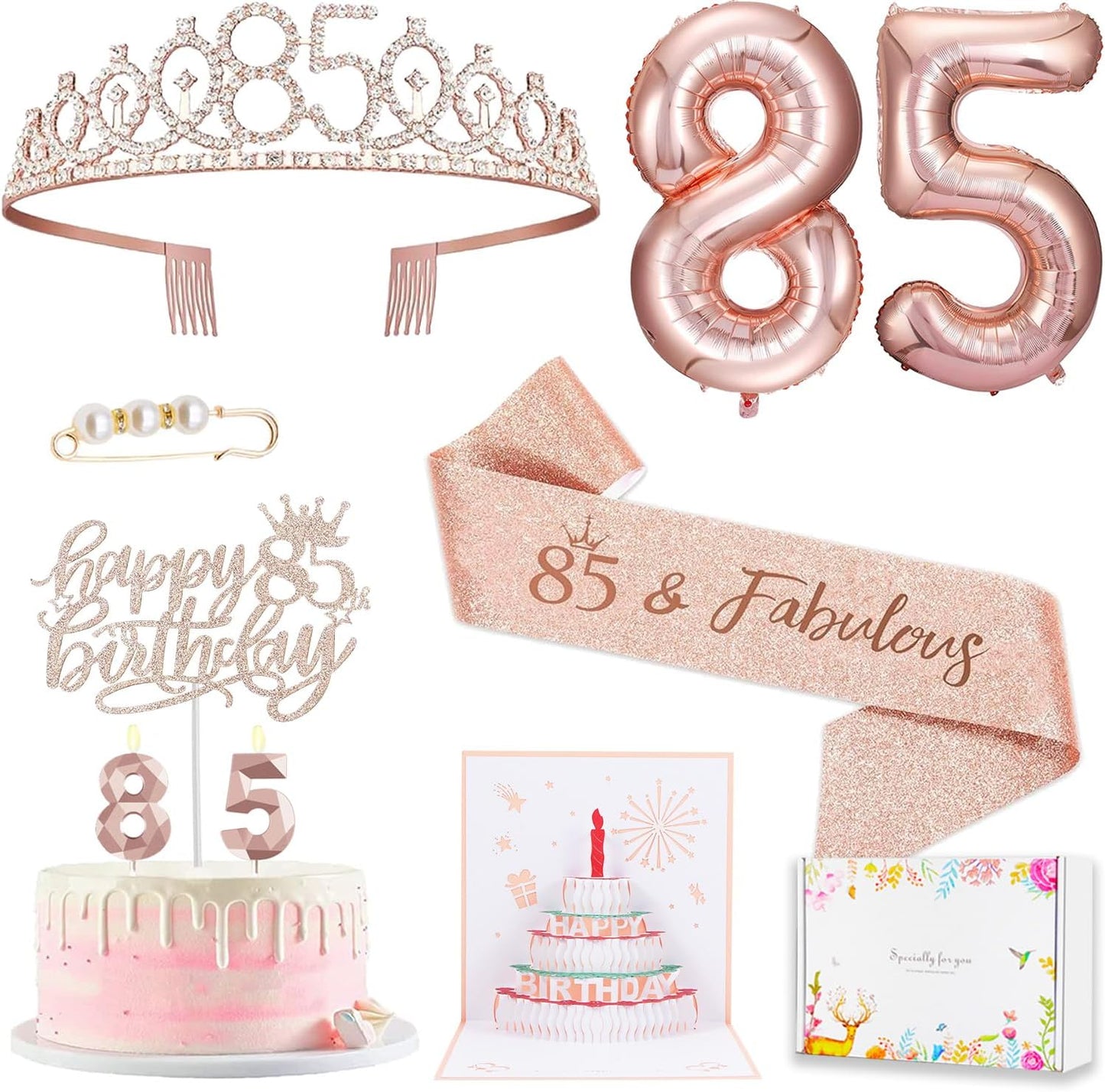 8pcs 40th Birthday Decorations gifts for Women, Including 40th Happy Birthday Cake Topper, Queen Sash with Pearl Pin, Sweet Rhinestone Tiara Crown for Women, Number Candles and Balloons (Rose Gold)