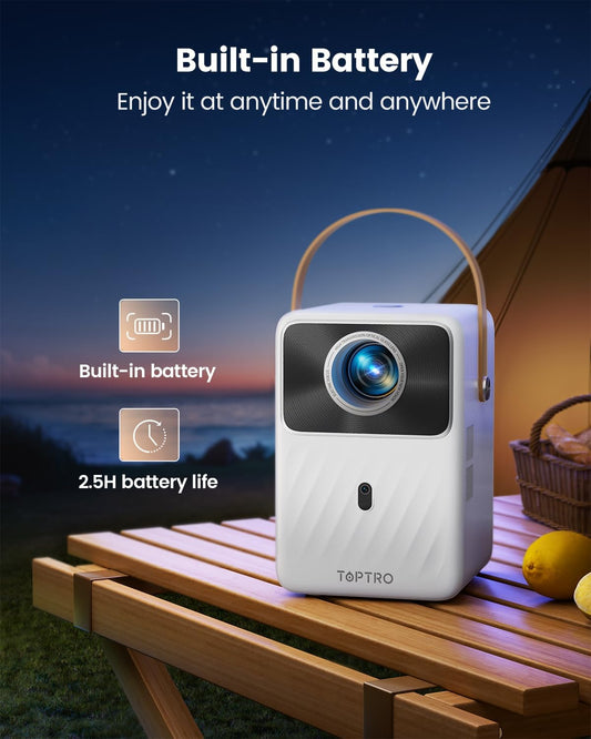 【Built-in Battery & Andriod TV】 Mini Projector with 5G WiFi and Bluetooth, Portable Projecteur 1080P, TOPTRO Outdoor Movie Projector Auto Keystone, Smart Projector for Phone/TV Stick/HDMI/PS5