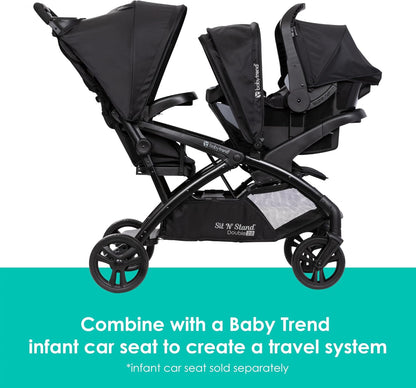 Baby Trend Sit n Stand Double 2.0 Stroller - Convertible Multi-Use Easy Fold Travel Toddler & Baby Tandem Double Stroller with Safety Harness and Storage Basket - Dash Black