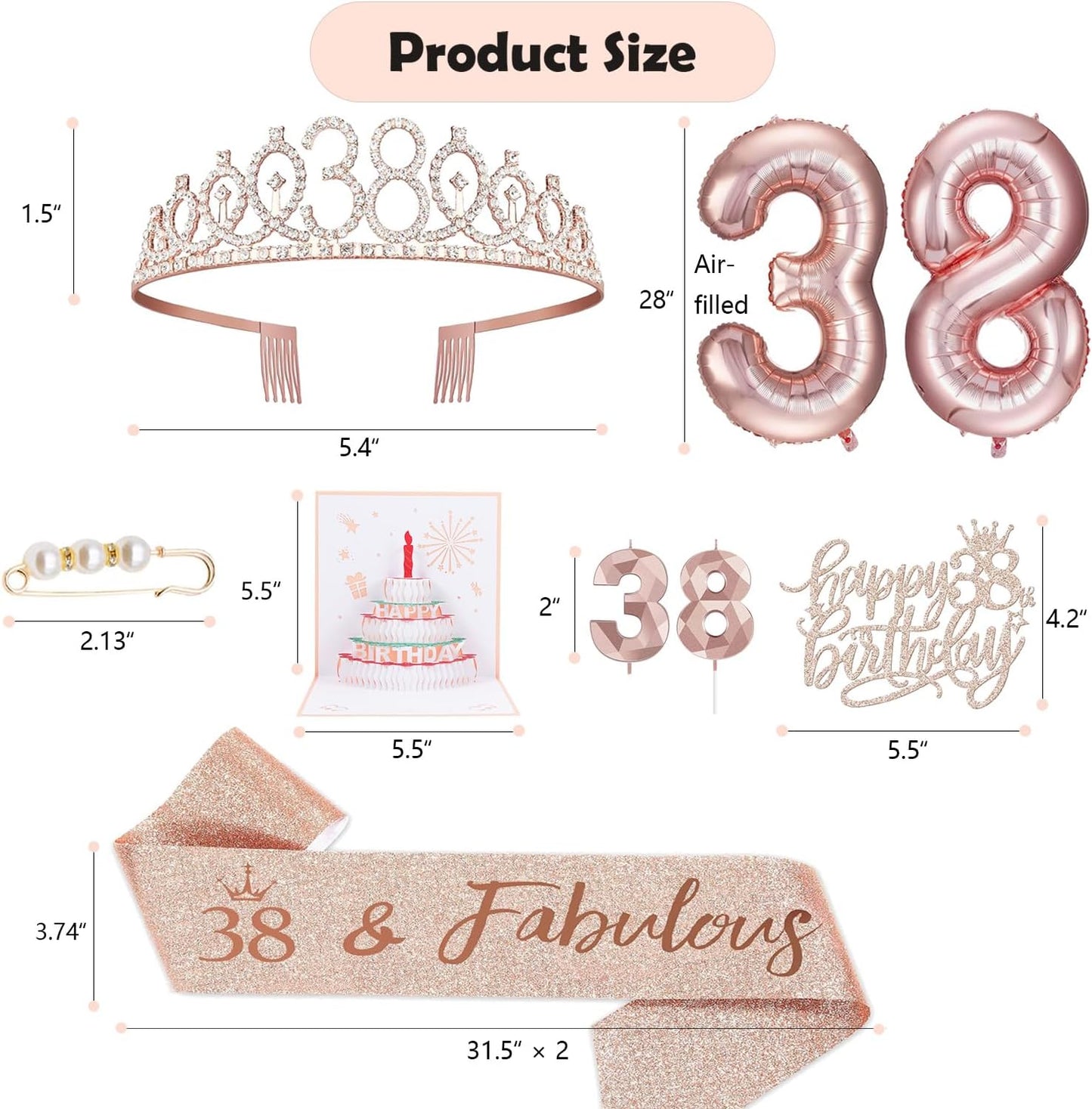 8pcs 40th Birthday Decorations gifts for Women, Including 40th Happy Birthday Cake Topper, Queen Sash with Pearl Pin, Sweet Rhinestone Tiara Crown for Women, Number Candles and Balloons (Rose Gold)