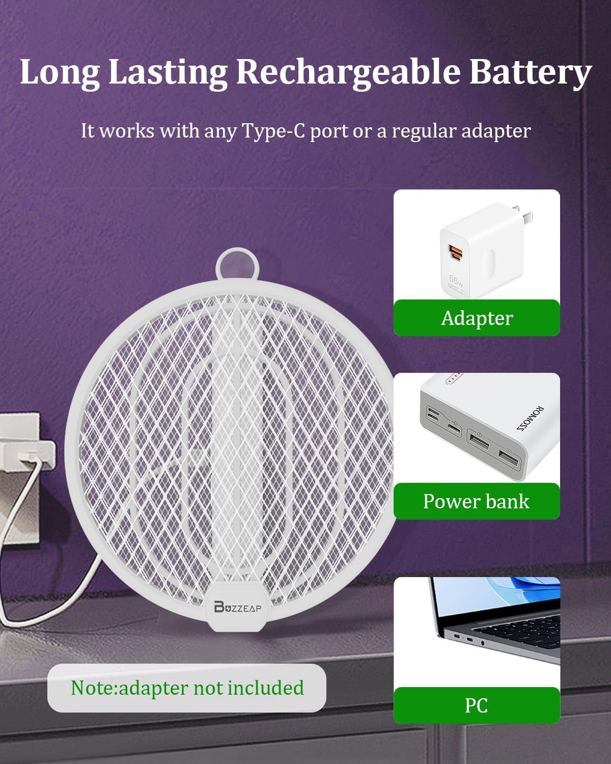 2 in 1 Electric Fly Swatter, 4000V Foldable Bug Zapper Racket, Rechargeable Mosquito Racket with UV Light Trap, Electronic fly zapper with 3 Layer Safety Mesh for Indoor and Outdoor, USB C, Dual Modes