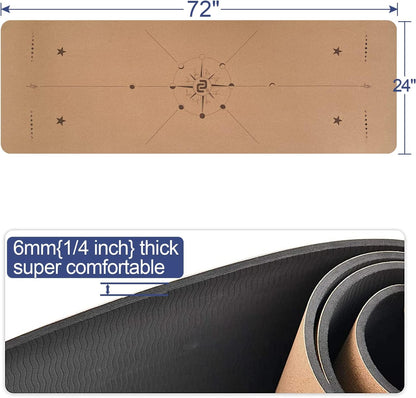 Numat Cork Yoga Mat 6mm (1/4 inch) Thick 72 x 24 in, Sweatproof NonSlip Eco-friendly, Lightweight TPE foam with Alignment Lines, Great for Hot Yoga, Pilates, Gym and Exercise, Black Carrying Bag w.