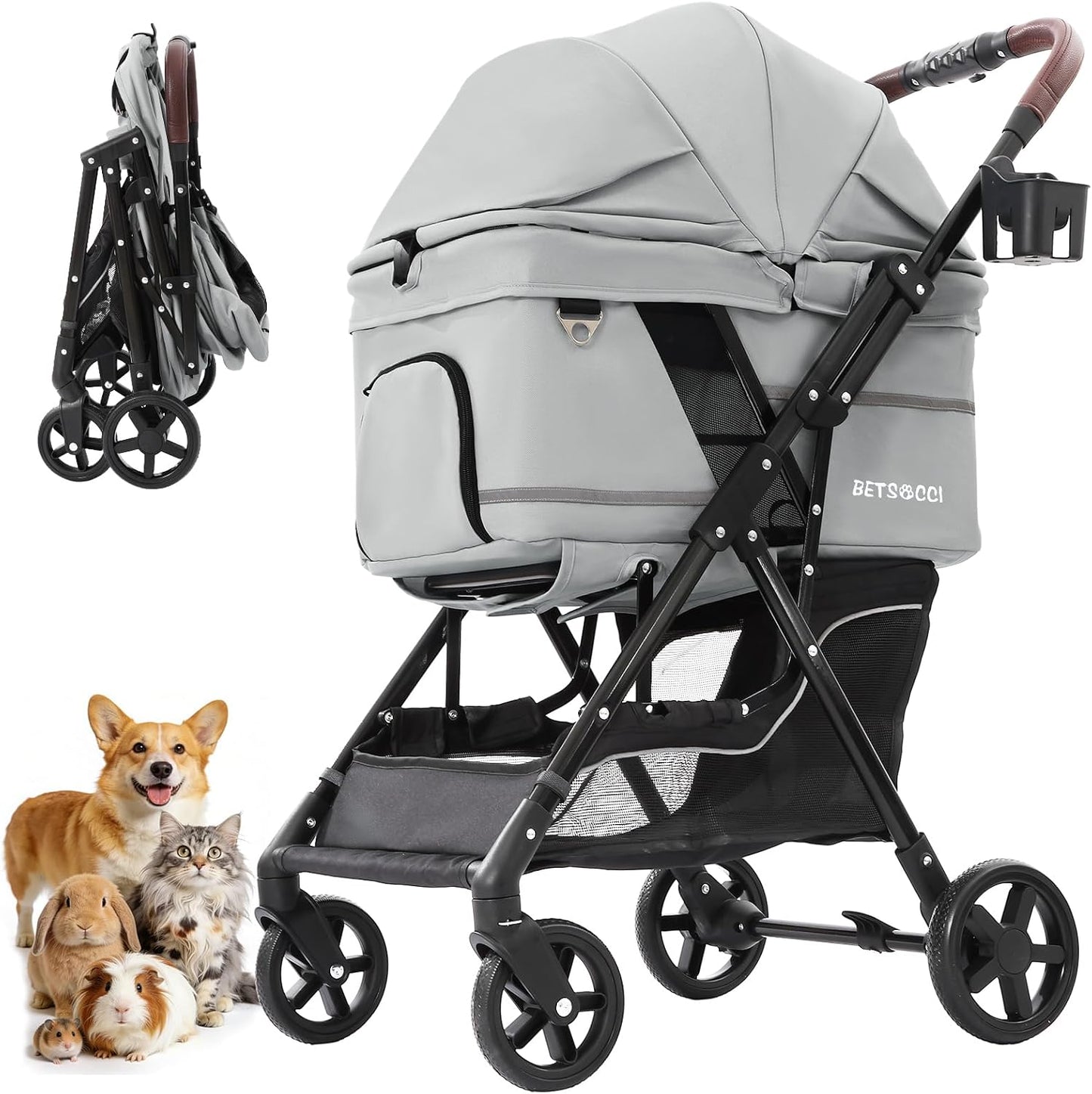 Pet Stroller for Small Medium Dogs Cats with 4 Wheels Grey | NO-ZIP Dog Cat Stroller, Max Load 45 lbs, Easy Folding, Compact Portable