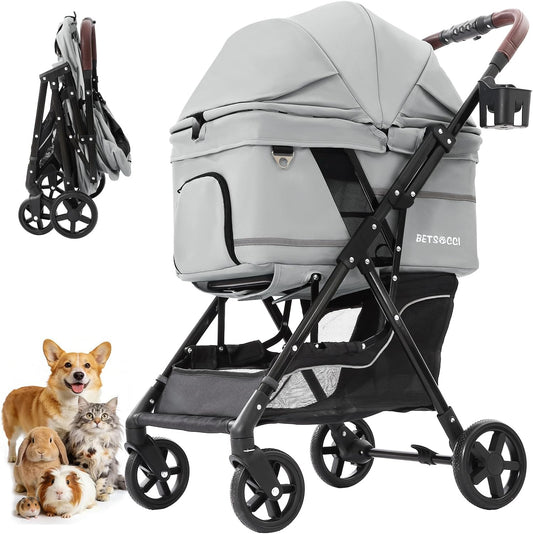 Pet Stroller for Small Medium Dogs Cats with 4 Wheels Grey | NO-ZIP Dog Cat Stroller, Max Load 45 lbs, Easy Folding, Compact Portable