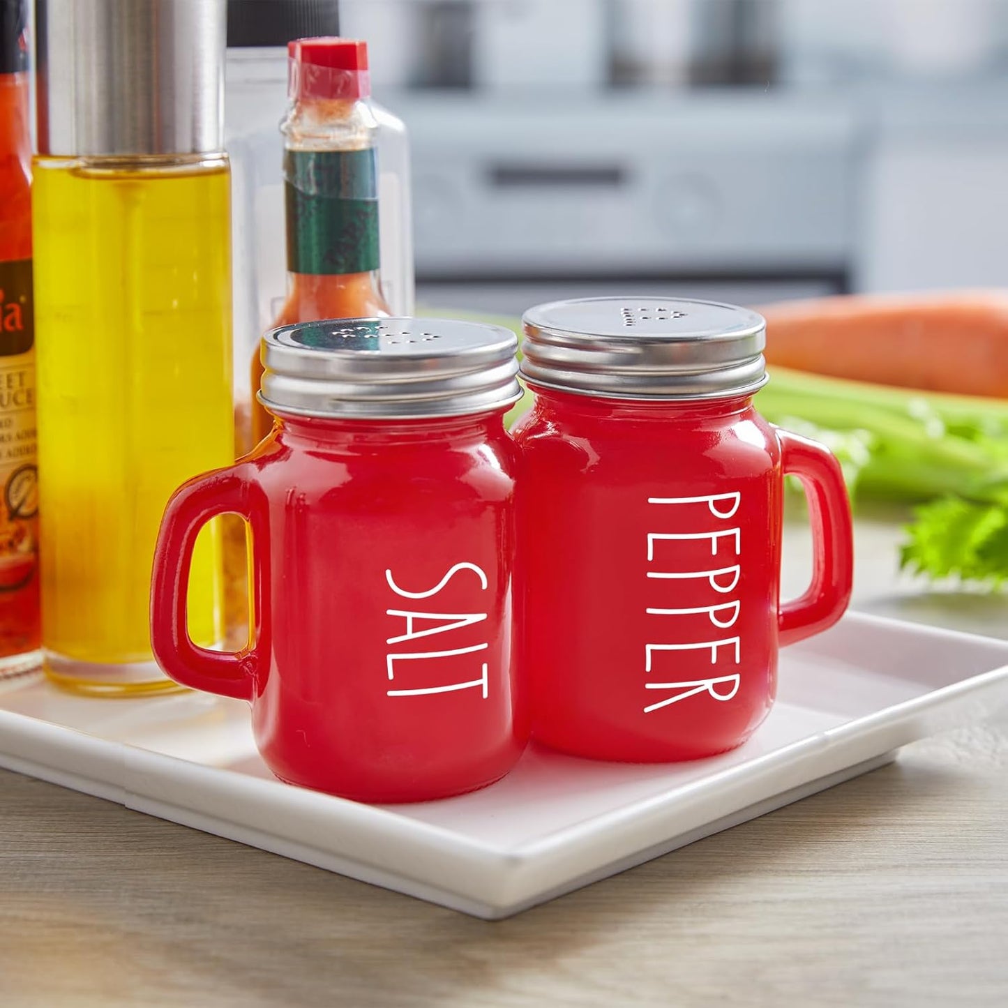 Red Salt and Pepper Shakers Set, ZOSUJO 4 oz Cute Modern Glass Christmas Red Shaker Sets with Stainless Steel Lids, Red Kitchen Decor and Accessories for Home Restaurants Weddings