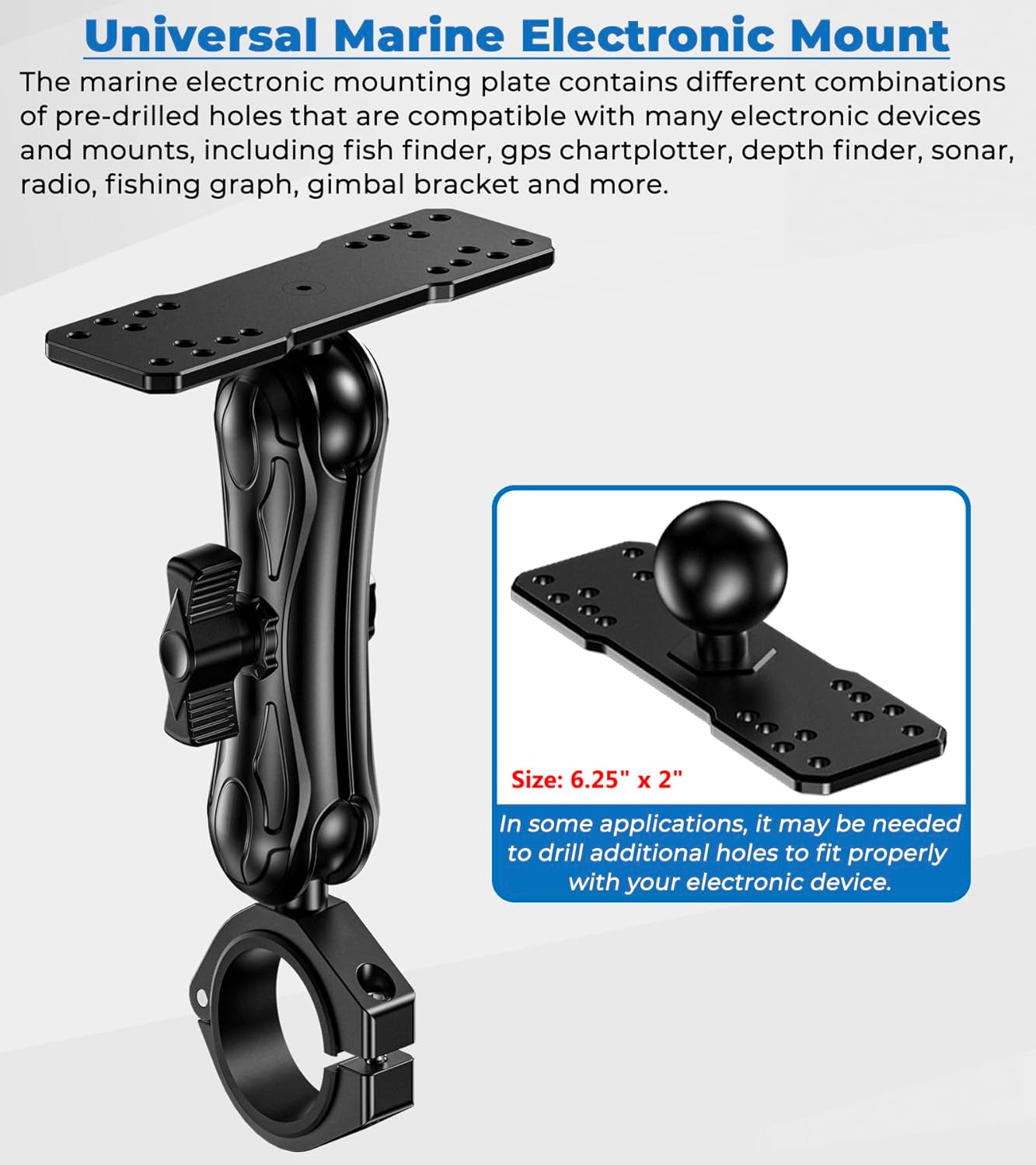 VAZESWIN Aluminum Alloy 1.5" Ball Fish Finder Mount, 5.7" Medium Arm Marine Electronic Mount with Bar Clamp Base, Fit 1.5" 1.65" 1.75" 1.85" 2" Round Rails, for Garmin, Lowrance, Humminbird, Raymarine