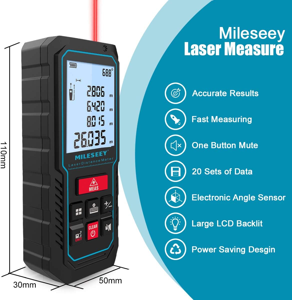 229Ft Laser Measure Device, Mileseey Digital Laser Tape Measure with Upgraded Electronic Angle Sensor, ±2mm Accuracy, Area Measurement,Volume and Pythagoras, Backlit LCD,Mute, Battery Included