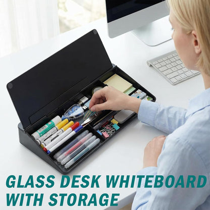 Ideal Swan Glass Desk Whiteboard with Storage, Black Desktop Whiteboard