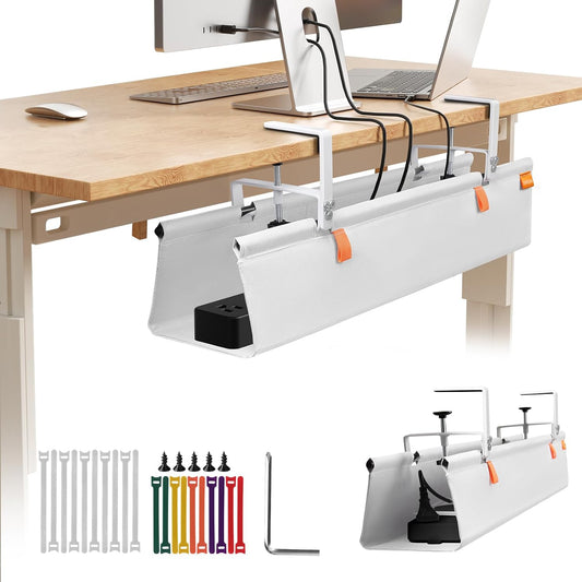 No Drill Under Desk Cable Management, 28" Under Desk Cable Management with Clamp/Screw, Table Under Desk Organizer, Large Cord Organizer Desk Tray for Standing Desks Home Office White