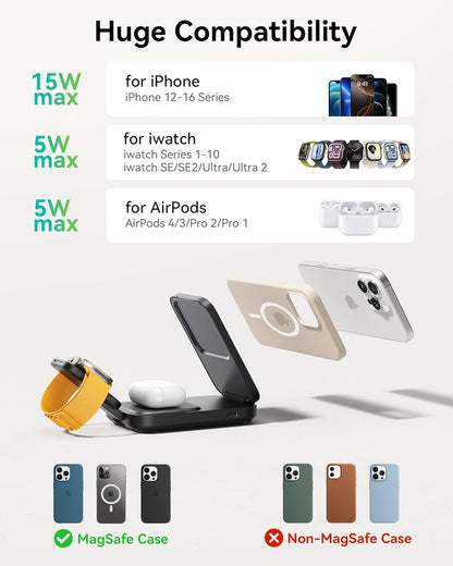 INIU 3 in 1 Wireless Charging Station, Qi2 Certified 15W Travel Charger for Apple Multiple Devices, Foldable Charger Stand for iPhone 16 15 14 13 12 Series Apple Watch AirPods (with Adapter)