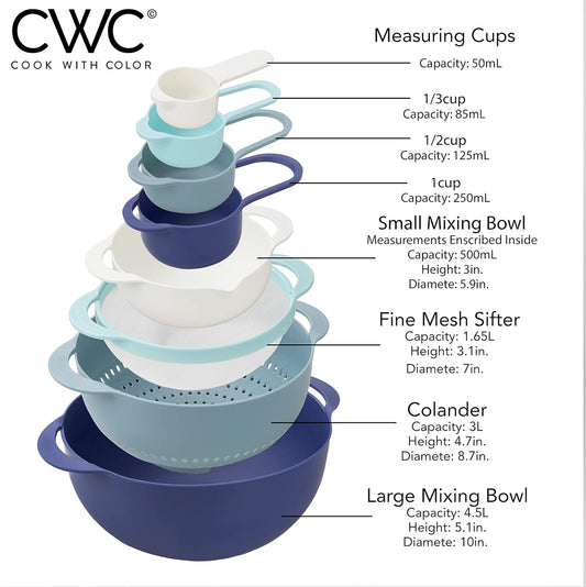 Cook With Color 8 Piece Nesting Bowls with Measuring Cups Colander and Sifter Set | Includes 2 Mixing Bowls, 1 Colander, 1 Sifter and 4 Measuring Cups, Blue - PuriLite