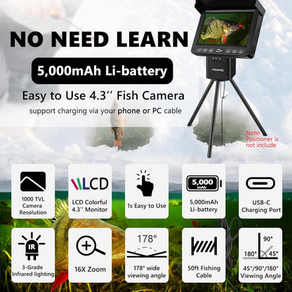 FishPRO Underwater Fishing Camera - MOQCQGR 4.3'' (NO Need Learn) Ice Fishing Camera Underwater, 3-Grade IR Lighting, 4X Zoom, 1000TVL Ice Fishing Fish Finder for Boat Lake Kayak Ice Fishing