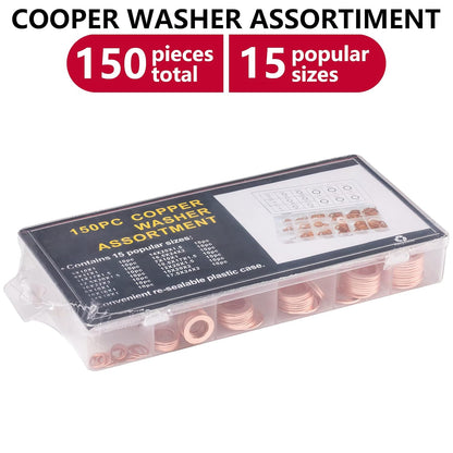 Toolwiz 150PCS 15 Sizes Copper Washers Metric Sealing Assortment Set Flat Ring Sump Plug Crush Washer Oil Drain Plug Gasket Seal Assortment Set M5/6/7/8/10/10.5/11/12/12.5/14/15/16/16.5/17.5