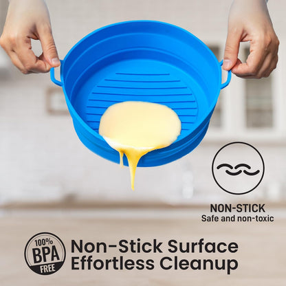 Collapsible Silicone Air Fryer Basket Liners Pot - AirFryer Liners Reusable Bowls for 3 to 5 qt - Air Fryer Accessories 2 Pack - Round Silicone Liners (Red & Blue)