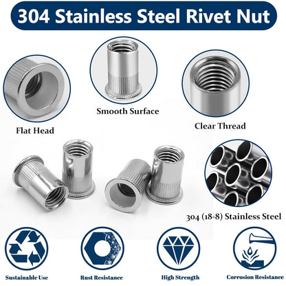 Vifmy Metric & SAE Rivet Nut Assortment Kit(420 Pcs),m3 m4 m5 m6 m8 m10 m12#6-32#8-32#10-24 1/4"-20 5/16"-18 3/8"-16 UNC Flat Head Rivnut Set,Zinc Plated Finish Carbon Steel Nutsert