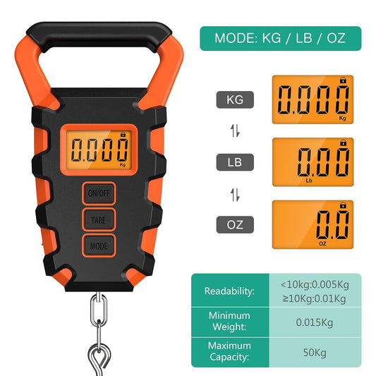 ORIA Fish Scale Digital, Fishing Scale, Fish Scale with Ruler and Fish Gripper, 110lb/50kg Baggage Weighing Scale, Backlit LCD Display (Orange) - PuriLite