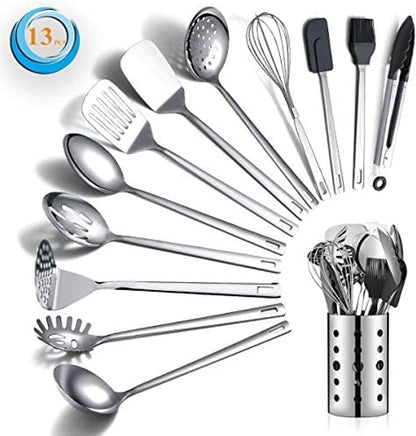 Stainless Steel Cooking Utensils Set, Berglander 13 Pieces Kitchen Utenisls Set, Kitchen Tools Set with Utensil Holder Non-Stick and Heat Resistant,Dishwasher Safe, Easy to Clean (13 Packs)