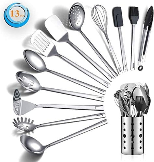 Stainless Steel Cooking Utensils Set, Berglander 13 Pieces Kitchen Utenisls Set, Kitchen Tools Set with Utensil Holder Non-Stick and Heat Resistant,Dishwasher Safe, Easy to Clean (13 Packs)