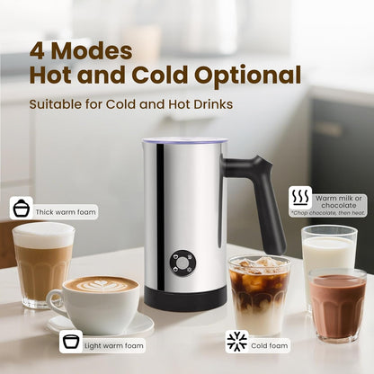 Stainless Steel 4-in-1 Electric Milk Frother, Milk Frother and Steamer, 10.6oz Large Capacity, Cold and Hot Foam Maker for Lattes, Cappuccinos, Non-Stick Coating Interior, Polished