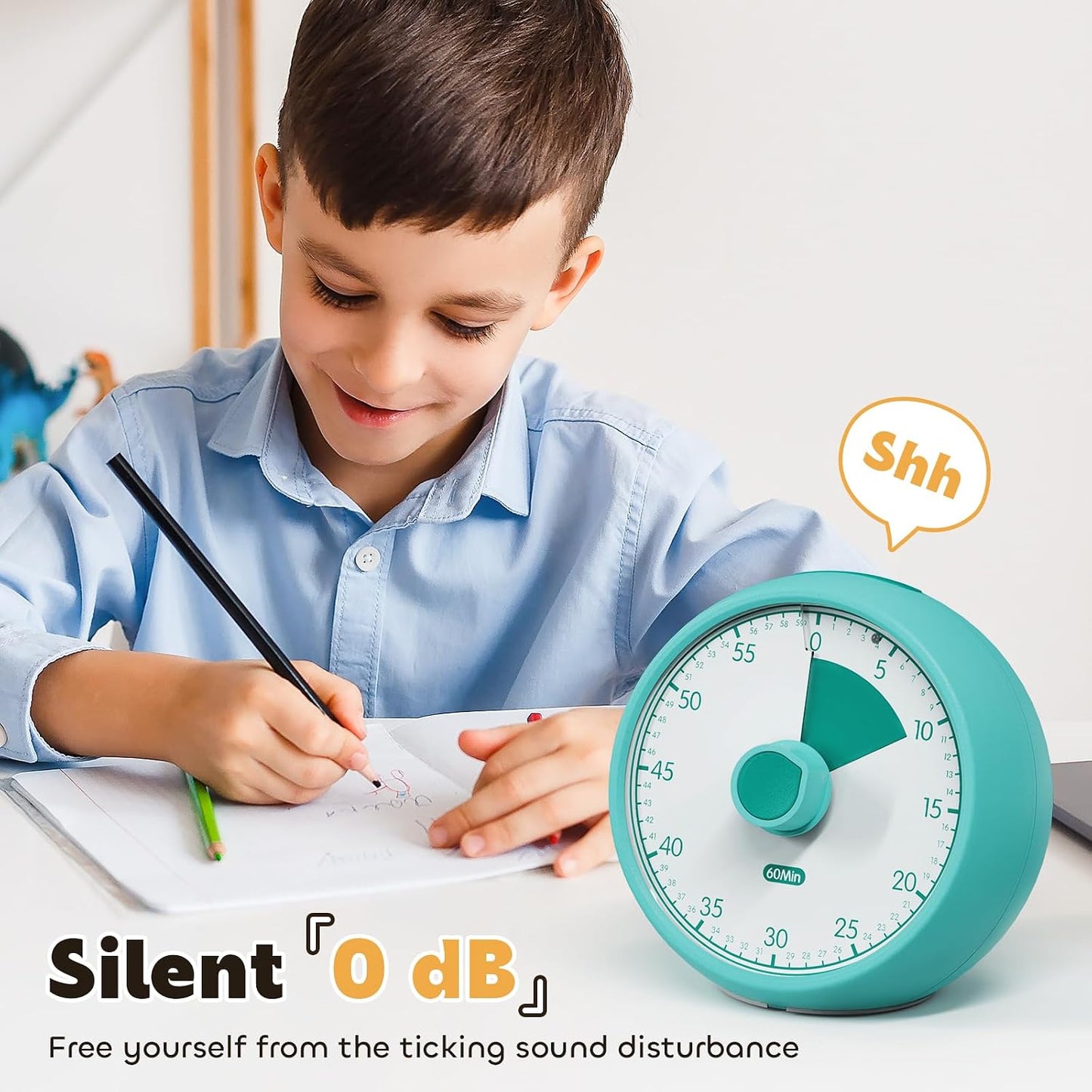 Visual Timer for Kids 60 Min - Silent No Ticking Countdown Clock for Classroom Home Focus ADHD | Minuteur Visuel Enfant Sans Bruit 60 Minutes Pour Classe Maison Concentration (Green)