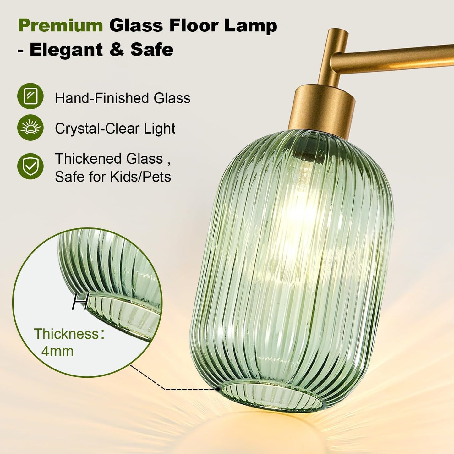 Upgraded】 Dimmable Floor Lamp for Living Room with Green Ribbed Glass Lampshade, Gold Modern Floor Lamp with 900LM LED Bulb Included, Arc Standing Tall Lamp for Bedroom, Office, Reading Room, Corner