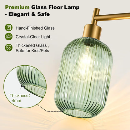 Upgraded】 Dimmable Floor Lamp for Living Room with Green Ribbed Glass Lampshade, Gold Modern Floor Lamp with 900LM LED Bulb Included, Arc Standing Tall Lamp for Bedroom, Office, Reading Room, Corner