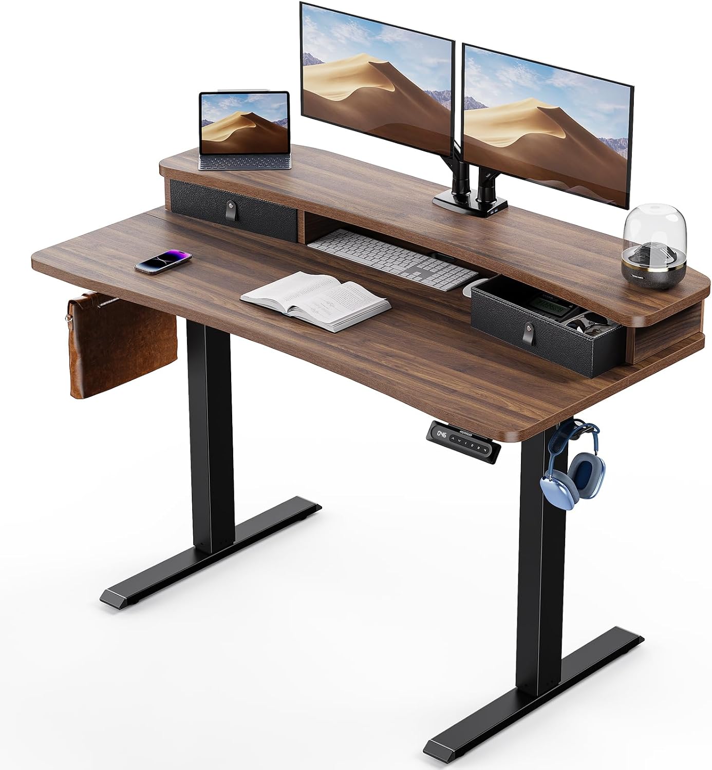 HUANUO 60″ x 30″ Electric Standing Desk with 2 Drawers, C-Clamp Mount Compatible, Height Adjustable Computer Desk, Home Office Stand Up Desk with 4 Preset Heights & 2 Hooks, Vintage Brown