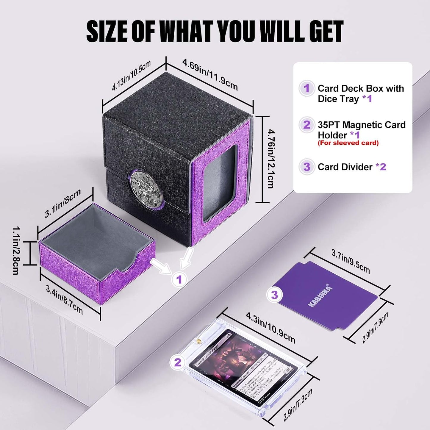 Kabinka Commander Deck Box for MTG with Metal Emblem, Card Deck Box with Dice Tray, Hold 100 Double-Sleeved Cards for TCG/PTCG, Cards Storage Case, 35PT Magnetic Card Holder (Black& Purple, Lotus)