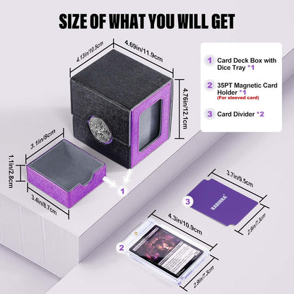 Kabinka Commander Deck Box for MTG with Metal Emblem, Card Deck Box with Dice Tray, Hold 100 Double-Sleeved Cards for TCG/PTCG, Cards Storage Case, 35PT Magnetic Card Holder (Black& Purple, Lotus)