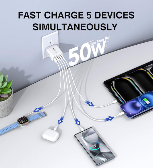 50W USB C Wall Charger Block, 2Pack 5-Port C Charger Fast Charging Block Dual PD Power&QC 3.0 Wall Charger Block Multiport Type C Charging Cube Brick for iPhone 16/15/14/13/12 Pro Max, iPad,Samsung - PuriLite