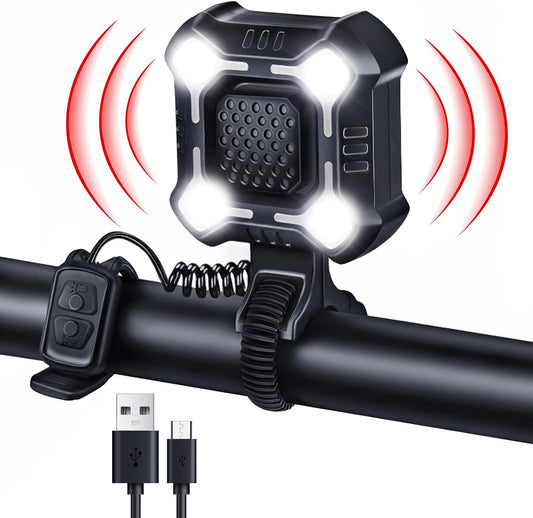 EQIIO 140dB Electric Bike Horn with Headlight, 2 in 1 Bicycle Horn 6 Sound Modes USB-C Rechargeable, Bike Bell with Large Range Floodlight Bike Horn for Adults Kids Bike Scooter Ebike, IPX6 Waterproof