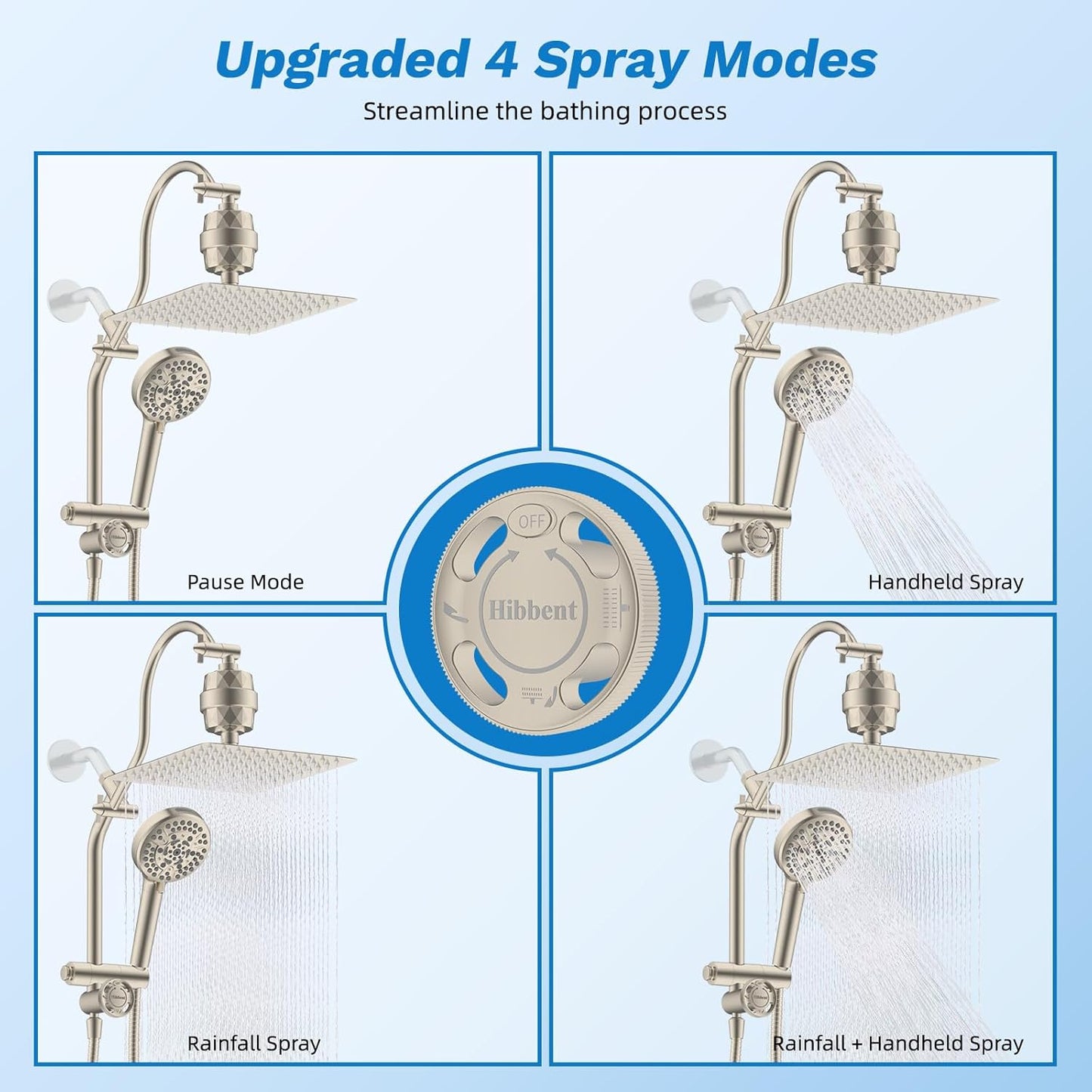 Hibbent Upgraded All Metal 10"Rainfall Showerhead Combo, High Pressure Shower Head with 10-Spray Mode Handheld, Innovative 4-way Diverter with Pause Mode, 71'' Shower Hose and Handheld Holder, Chrome