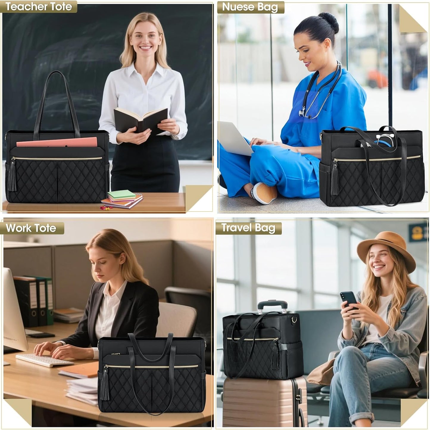 RAINSMORE Laptop Bag For Women 15.6 Inch Work Teacher Tote Bag Waterproof Nurse Bag Large Handbag Shoulder Travel Computer Messenger Bag Briefcase,Black - PuriLite