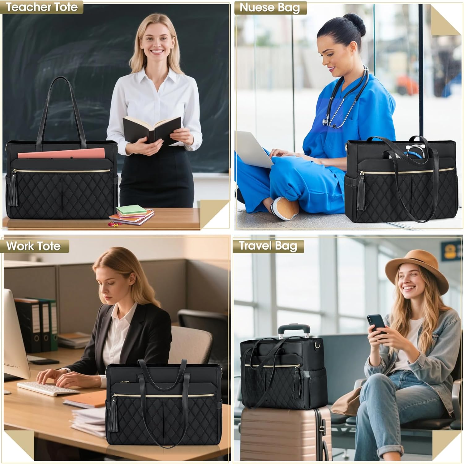 RAINSMORE Laptop Bag For Women 15.6 Inch Work Teacher Tote Bag Waterproof Nurse Bag Large Handbag Shoulder Travel Computer Messenger Bag Briefcase,Black - PuriLite