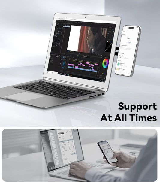 Adjustable Laptop Side Stand with Magnetic Phone Holder, Aluminum Slim Mount Clip for iPhone MagSafe & All Phones – Portable Foldable Computer Expansion Bracket, Black