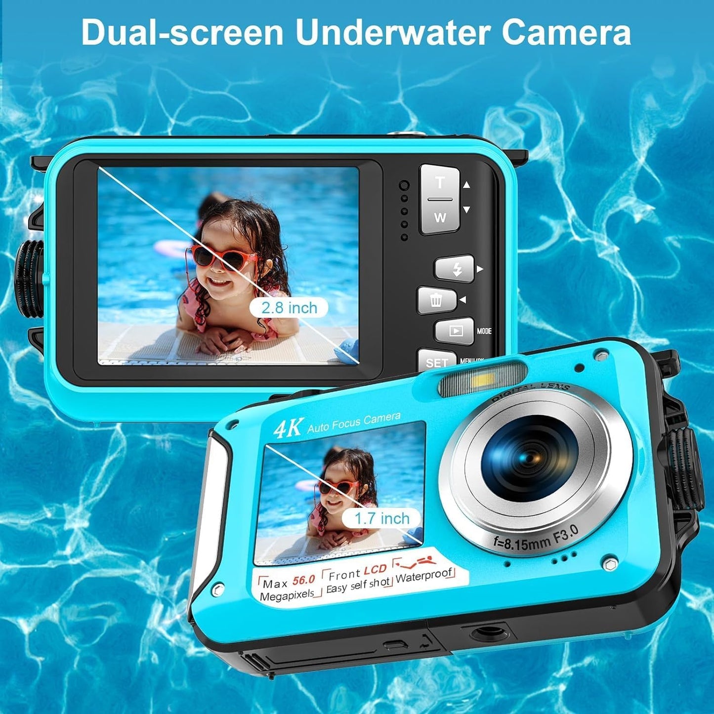 4K Underwater Camera 11FT Waterproof with 32GB Card 56MP Autofocus Selfie Dual-Screen for Snorkeling, Compact Digital Camera 1250mAh Battery (Blue)