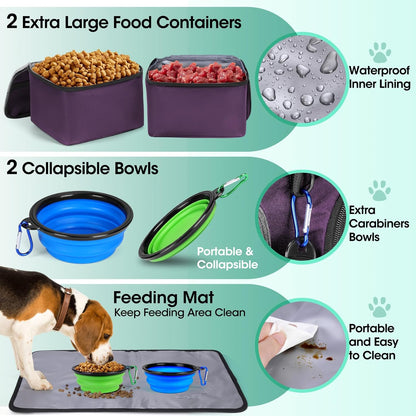 IGOLUMON Dog Travel Bag Weekend Pet Travel Bag Set for Supplies Large Dog Camping Kit Airline Approved Tote Organizer with Multi Pockets, 2 Large Food Containers, 2 Dog Bowls, 1 Feeding Mat